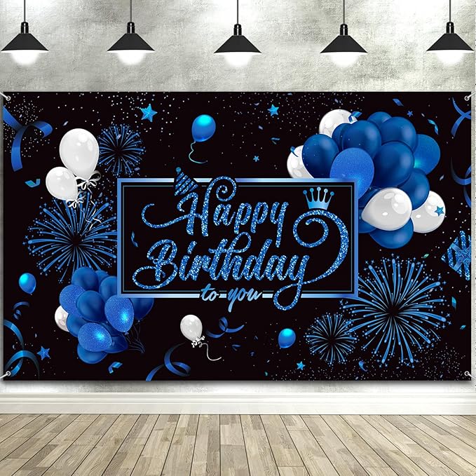 Blulu Happy Birthday Backdrop Banner Sign Poster Large Fabric Glitter Balloon Fireworks Sign Photo Backdrop Background for Birthday Party Decoration Supplies, 72.8 x 43.3in (Blue)
