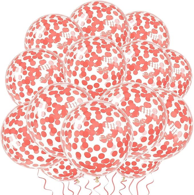 VHUWE Coral Red Confetti Balloons 25 Pcs, 12 Inch Thickened Clear Latex Balloon with Confetti Inside for Birthday Party Baby Shower Graduation Anniversary Engagement Decorations Supplies