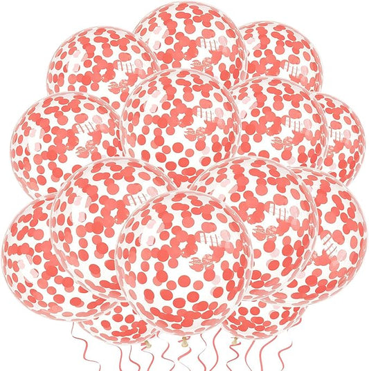 VHUWE Coral Red Confetti Balloons 25 Pcs, 12 Inch Thickened Clear Latex Balloon with Confetti Inside for Birthday Party Baby Shower Graduation Anniversary Engagement Decorations Supplies
