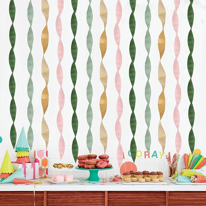 BEISHIDA 8 Rolls Green Gold and Pink Crepe Paper Streamers for Boho Theme Baby Shower Party Decorations Wedding Birthday DIY Craft Paper(1.8 Inch x 82 Ft/Roll)