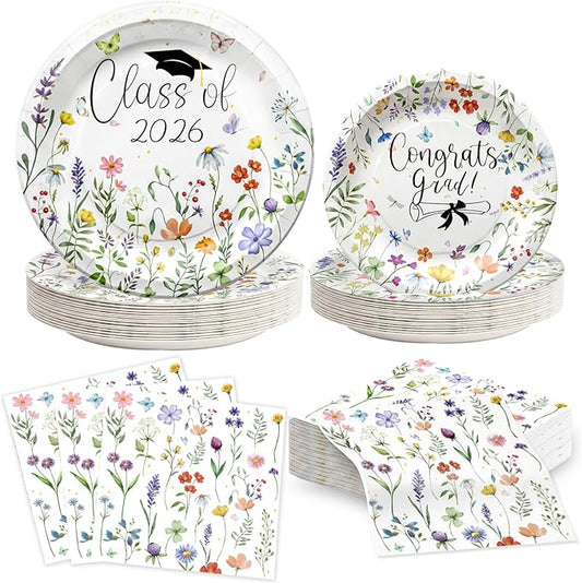 2026 Graduation Party Decoration Plates Set, Wildflower Graduation Disposable Paper Plates & Napkins, Class of 2026 Dessert Floral Dinnerware Set for Congrats Grad Spring Birthday Party Decor
