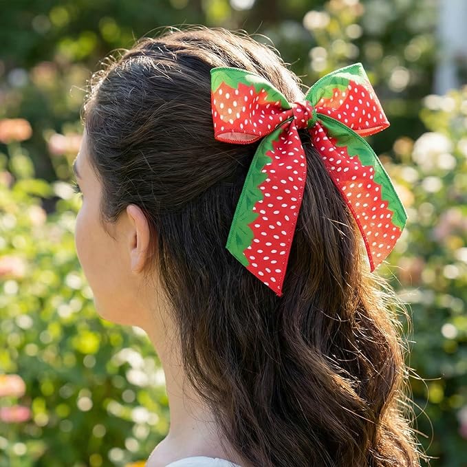 Strawberry Wired Edge Burlap Ribbons 2 Pack - 2.5 Inch Spring Theme Ribbon Set, 5 Yards Each for Wreaths Crafts Decorations Gift Wrapping