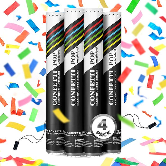 Electric Confetti Cannon Cartridges, 4 PIECES — 16" Multicolor Poppers for Weddings, Parties, Events | Requires 2-Shot/4-Shot Confetti Machine to Activate