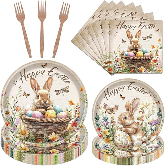 Rakuto Easter Plates and Napkins Disposable Decorations, 96PCS Happy Easter Bunny Eggs Paper Plates Napkins Forks Party Decoration, Rabbit Flower Themed Decor for Spring Celebrations Picnic Serve 24