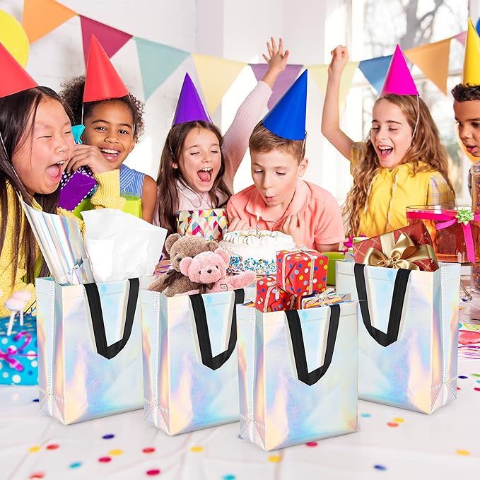 GouZaak 30 Pack Iridescent Gift Bags, Holographic Reusable Gift Bags With Black Handles And 2 Style Tissue Paper, 8 x 4 x 10 Inch Medium Size, Iridescent Party Favor Bags For Wedding Birthday Holiday