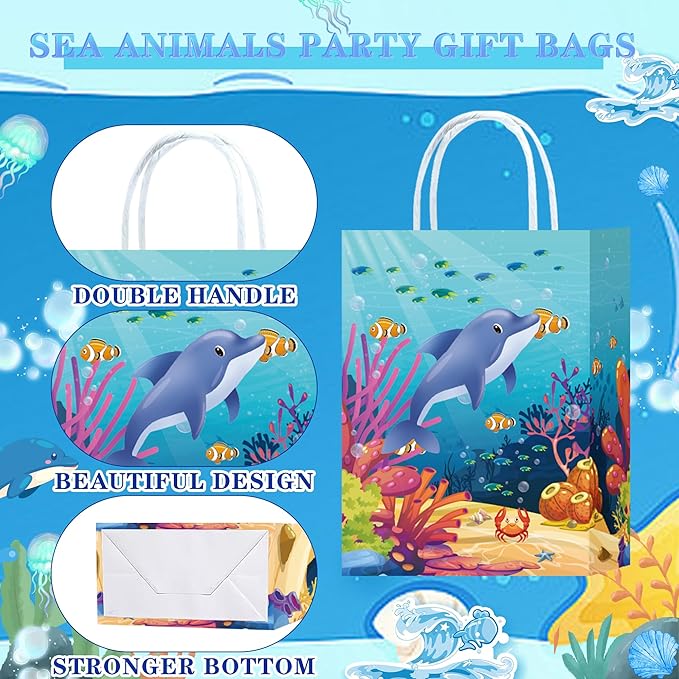 W WINTMING 16PCS Sea Animals Party Gift Bags with Handles Ocean Goodie Bags Under the Sea Party Favor Bags Paper Candy Bags Summer Party Treat Bags Gift Wrap Bags for Birthday Party Decoration