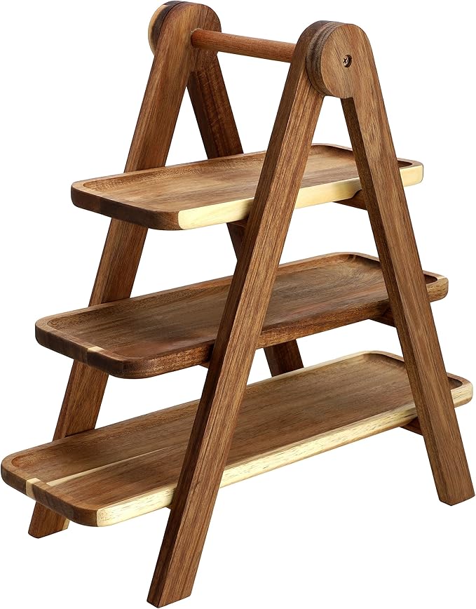 Elama Acacia Wood 3 Tiered Rectangular Ladder Tray Serving Set, Cupcake Tray, Serveware Set, Decorative