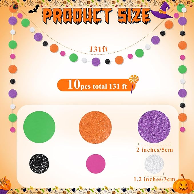 Outus 10 Pieces Orange,Black,Purple,Green,White Round Dots Garland Graduation Party Hanging Decor Each Length 13.1ft Glitter Paper Dot Streamers for Birthday Wedding Classroom Supplies