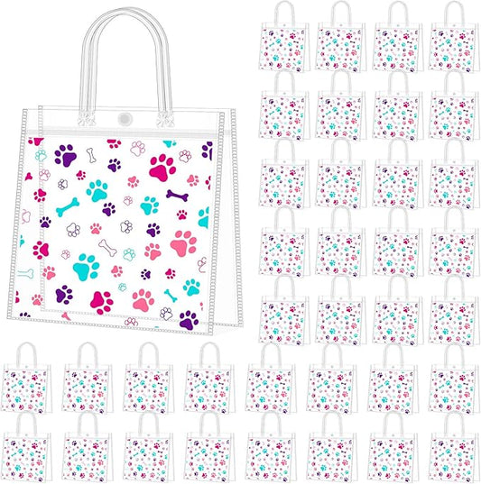 Supervitae 36 Pcs Colorful Dog Paw Bone Print Clear Favor Bags with Handle Reusable Plastic PVC Puppy Gift Bag Goodies Treats Totes for Pet Birthday Christmas Party Supplies, 8 x 8 x 3.15 Inch