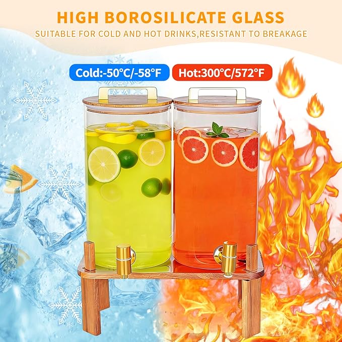 2 PACK 1.5 Gallon Glass Beverage Dispenser with Wooden Lid, Drink Dispenser with Wooden Stand, Lemonade Dispenser with Stainless Steel Leak-Proof Spigot for Parties, Weddings