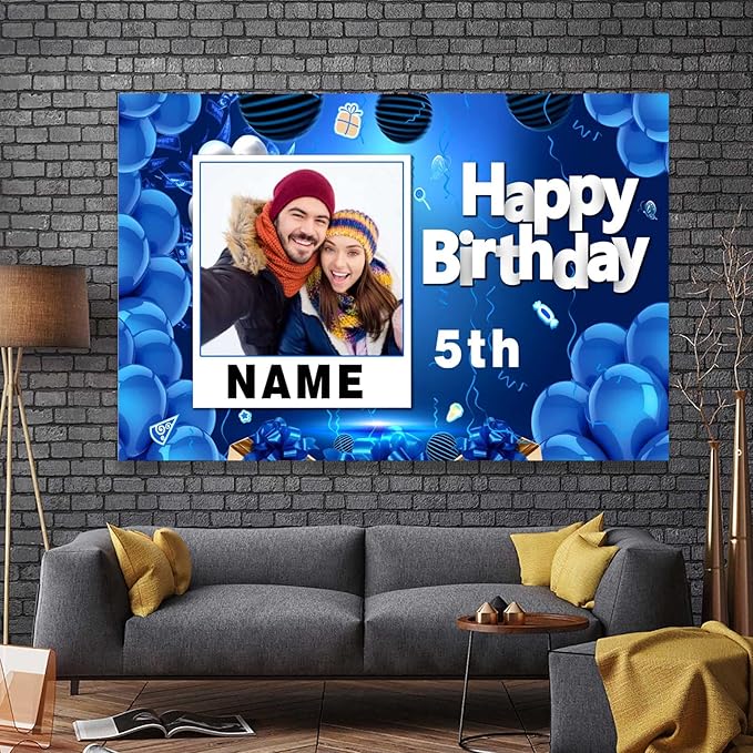 Custom Navy Blue and Gold Happy Birthday Sign Birthday Party Decorations Supplies Personalized Navy Blue Backdrop Banner (5x7.5ft)