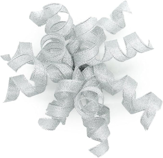 Silver Metallic Burst Curly Ribbon Bow 4" Wide x 6 Counts Gift Wrapping Pre-Tied Self-Adhesive Tab for Birthday Present Box Wine Bottle Baby Shower Party Christmas Hanukah