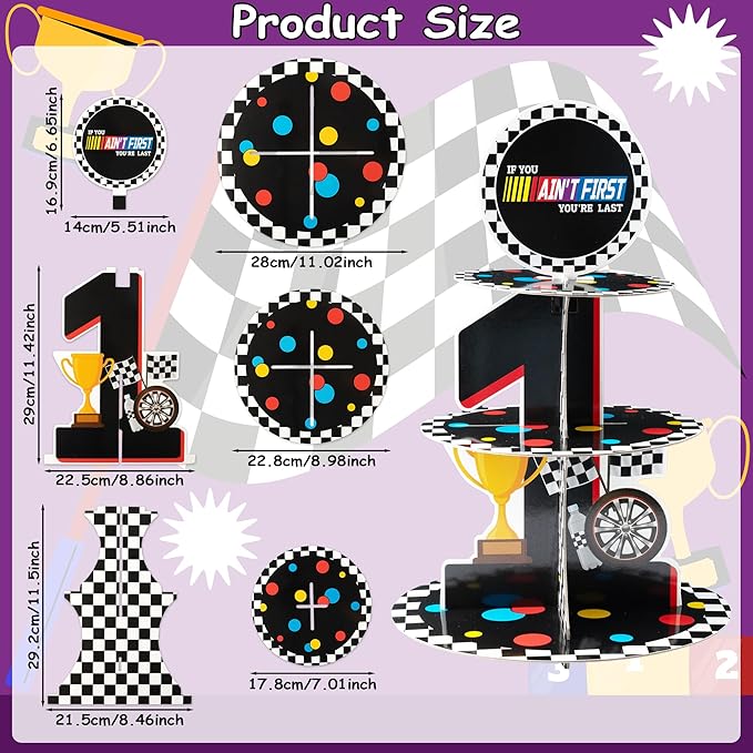 Race Car Cupcake Stand - 3 Tier If You Ain't First You're Last Party Dessert Holder for Boys Birthday Decorations Racing Car First Cardboard Cupcake Tower for Birthday Baby Shower Party Favor