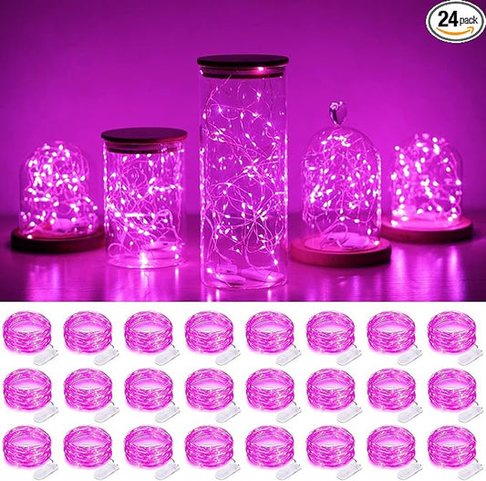 SmilingTown Battery Operated Fairy String Lights 24 Pack 20 LED 7.2ft Starry Firefly Copper Wire for Wedding Party Table Centerpiece Halloween Christmas Decorations (Pink)