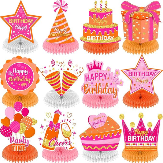 12Pcs Orange Pink Birthday Decorations Honeycomb Centerpieces for Women Girls, Orange Pink Happy Birthday Table Centerpieces for Kids Adults Birthday Gift Table Topper Sign Decor Party Supplies