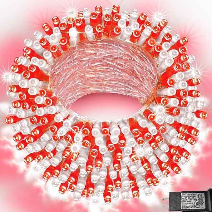 Christmas String Lights, 66 ft 200 LED Christmas Lights Plug in, Indoor Outdoor Connectable 8 Modes Clear Wire Twinkle Fairy String Lights for Xmas Tree Wedding Bedroom Party, Red and White