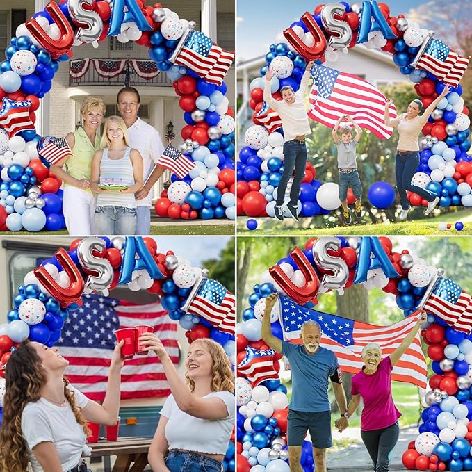 DBKL 156Pcs Red White and Blue Balloons Garland Arch Kit with USA Flag Foil Balloon, Patriotic Balloons for 4th of July Graduation Birthday Baseball Party Decorations