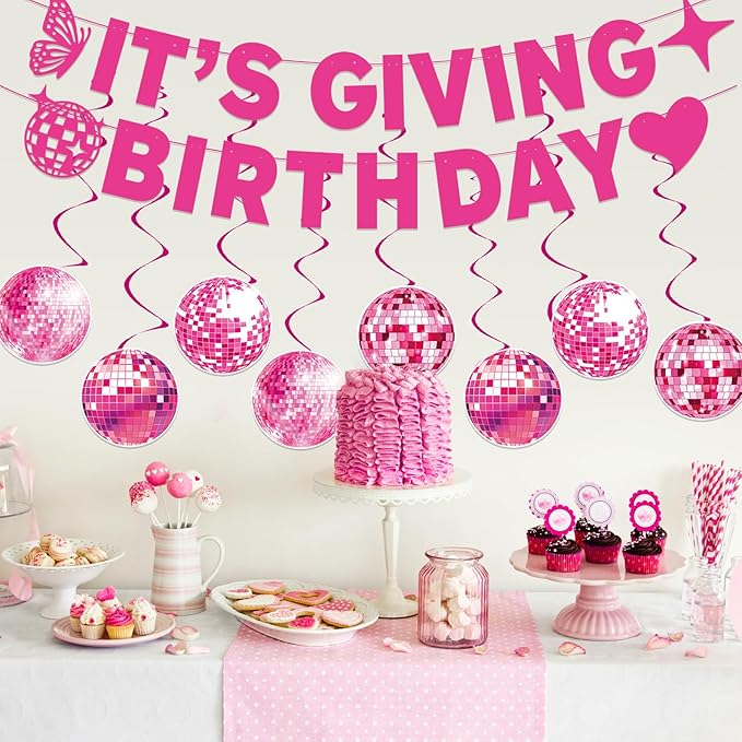 Pre-Strung Pink Birthday Decorations - Girls Women's 10PCS It's Giving Banner Hanging Swirls Decorations Supplies Cheers to Girl's Party