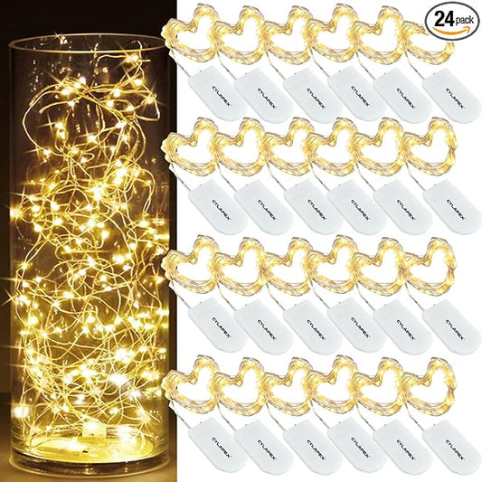CYLAPEX 24 Pack Fairy Lights Battery Operated 7ft 20 LED Mini String Lights Silver Wire Firefly Starry Moon Lights for Wedding Mason Jars Party Christmas Centerpiece Table Decorations, Warm White
