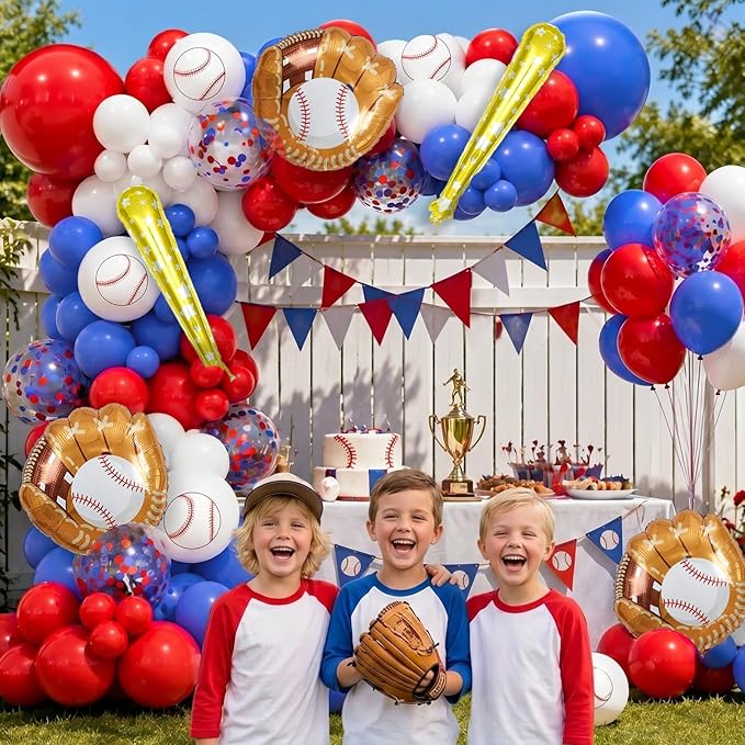 AobkDeco Baseball Balloon Garland Arch Kit Baseball Party Decorations with 143pcs Red White Blue Confetti Latex Balloons Baseball Foil Balloons for Baseball Theme Birthday Party Supplies Baby Shower