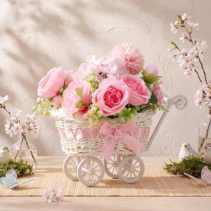 3 Pack Rattan Baby Carriage Floral Arrangement with Bouquet Pink Baby Shower Table Centerpiece Stroller for Guests Gender Reveal Wedding Party Favor Gift and Souvenir
