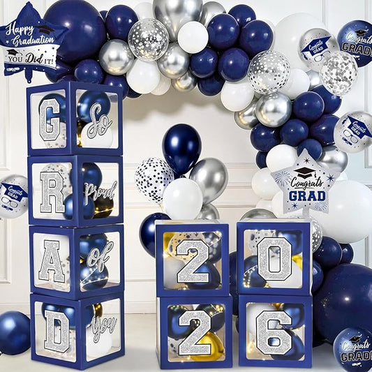 Navy Blue and Silver Graduation Decorations 2026 - Balloons Boxes with Letters 2026 GRAD So Proud of You, Congrats Grad Party Decorations for Any Grades