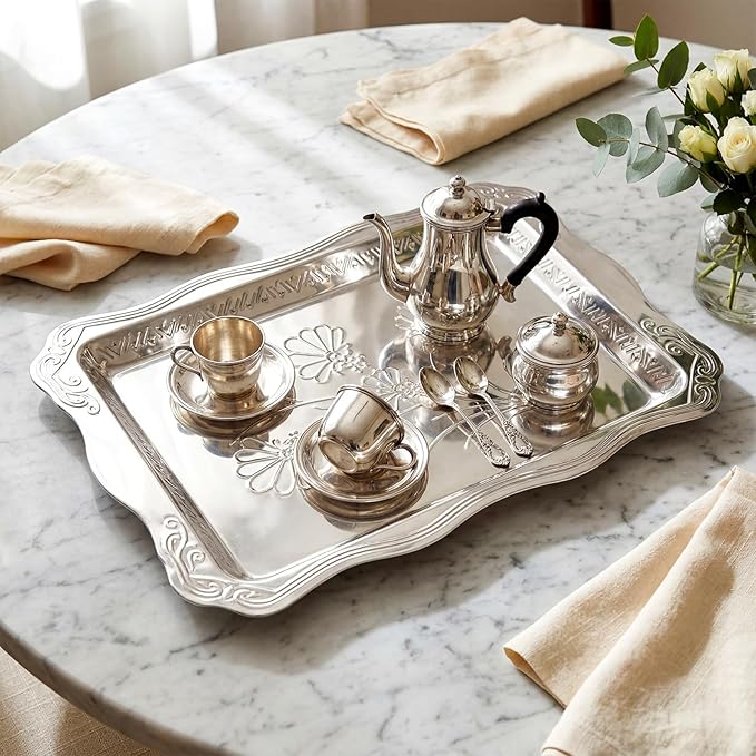 4 Pack 21.6" x 14.6" Large Silver Serving Trays for Dessert Table Stainless Steel Silver Platters Floral Engraved Mirror Serving Platters for Wedding, Desserts, Party Food Display (Classic)