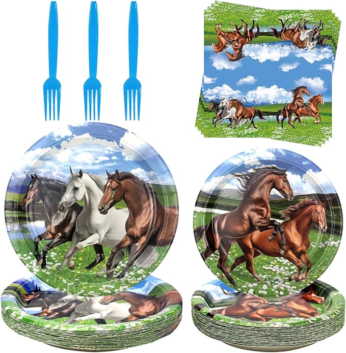 Horse Party Supplies - Horse Party Tableware - Dinner Plates, Dessert Plates, Napkins, Forks for Horse Racing Cowboy Western Boy Birthday Party Supplies Decorations, Serves 25