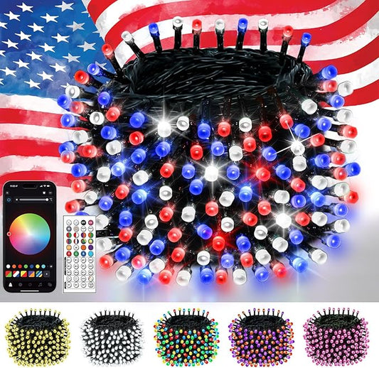 200LED Smart 4th of July String Lights | 82FT App Controlled Red White and Blue American Flag Lights, Waterproof Patriotic RGB Color Changing String Lights with Remote & Timer Outdoor for Memory Day