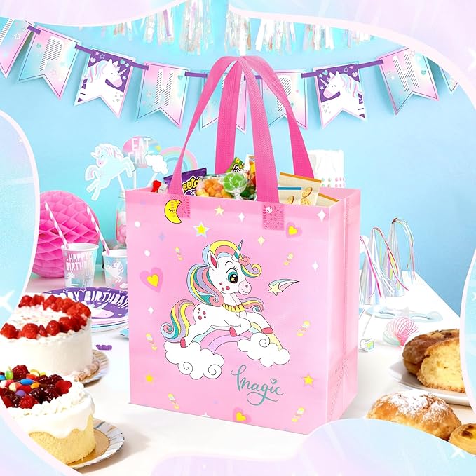 Pinsit 40 PCS Unicorn Party Favor Bags, Non Woven Goodie Bags, Unicorn Themed Reusable Gift Bags with Handles for Boys Girls Birthday Baby Shower Party Supplies