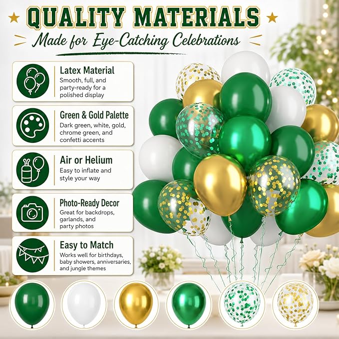 Green and Gold Balloons, 60PCS Metallic Gold and Green Balloons Set, 12 Inch Metallic Confetti Latex Balloon Helium for Birthday Safari Jungle Baby Shower Anniversary Graduation Party Decor