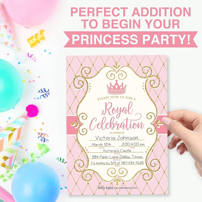 Hadley Designs Kids Birthday Invitations Girl Princess Theme - 25 Royal Birthday Party Invitations For Girls, Princess Invites For Girls, Cute Party Supplies, Made in USA
