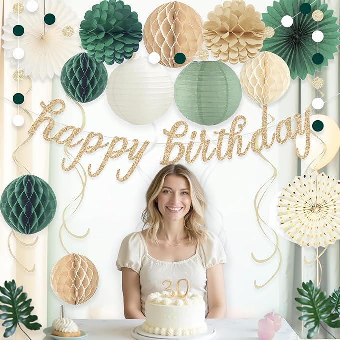 Sage Green Happy Birthday Decorations for Women, Pre-Strung Happy Birthday Banner with Honeycomb Balls, Paper Flowers, Lanterns, Hanging Swirls, Circle Dots Garland for Party Decor 24pcs