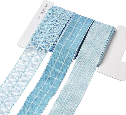 BEEFLYING 3 Styles Light Blue Wire Edged Polyester Ribbons for Gift Wrapping Decoration 25~28mm×2.7m Organza Lace Fabric Ribbons for Wedding Party HairBows,Flower Designs Sewing and Craft, 9 Yards
