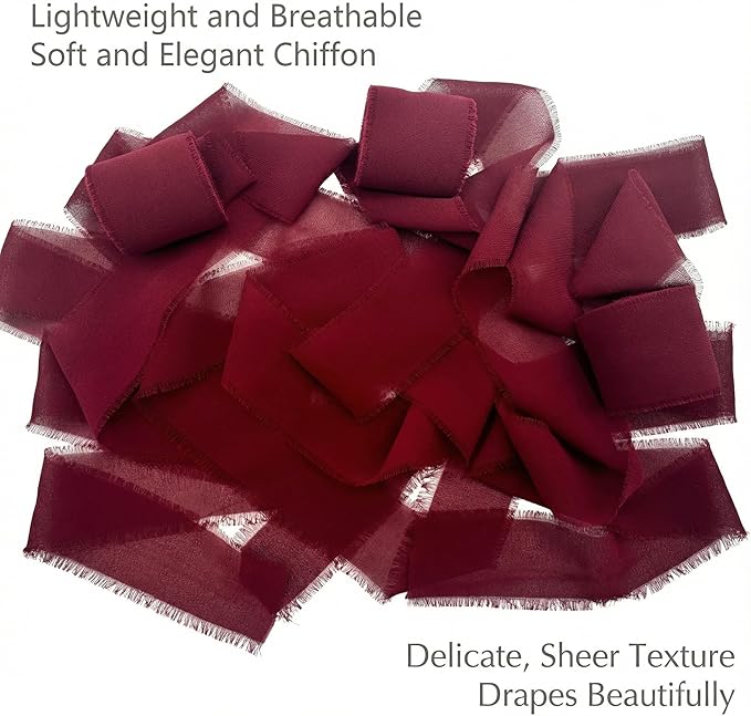 Handmade Chiffon Ribbon 1.5 Inch Wide, 3 Rolls 21 Yards, Burgundy Frayed Edge Fabric Ribbon for Formal Wedding Decor, Floral Accents & Elegant Gift Wrapping(Burgundy)
