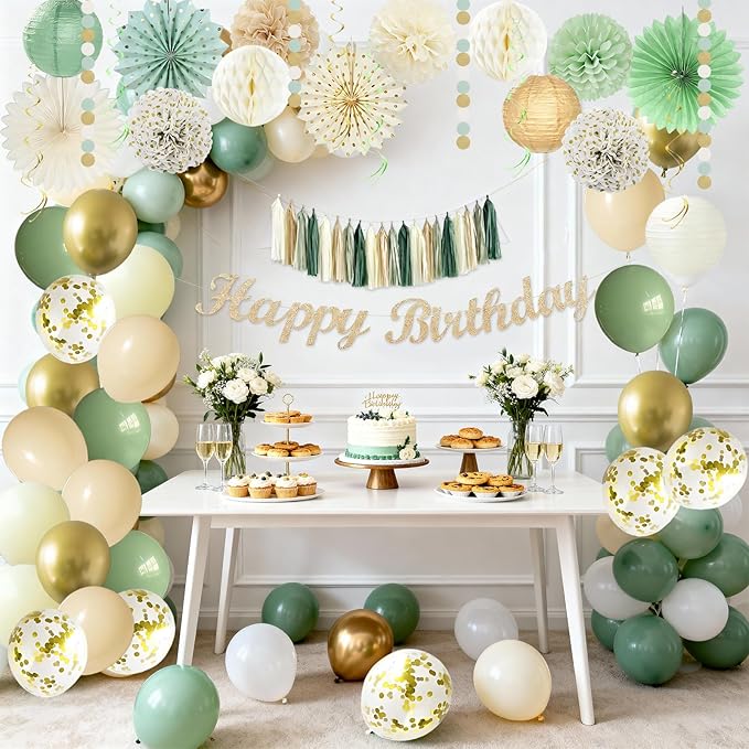 48 Pcs Sage Green Birthday Decorations for Women Girls, Happy Birthday Banner, Cream Neutral Balloons, Tassel Garland, Peach Paper Lanterns, Tissue Pom Poms Fan, Rustic Backdrop Decor