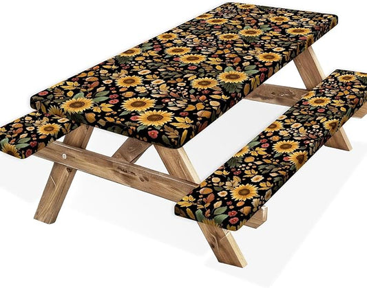 Picnic Table Cover with Bench Covers, Camping Essentials, Sunflower Flower Leaves Waterproof Windproof Patio Table Cover, Fitted Tablecloth Cover with Elastic Edge for Indoor Outdoor 3 PCS 30x60 Inch