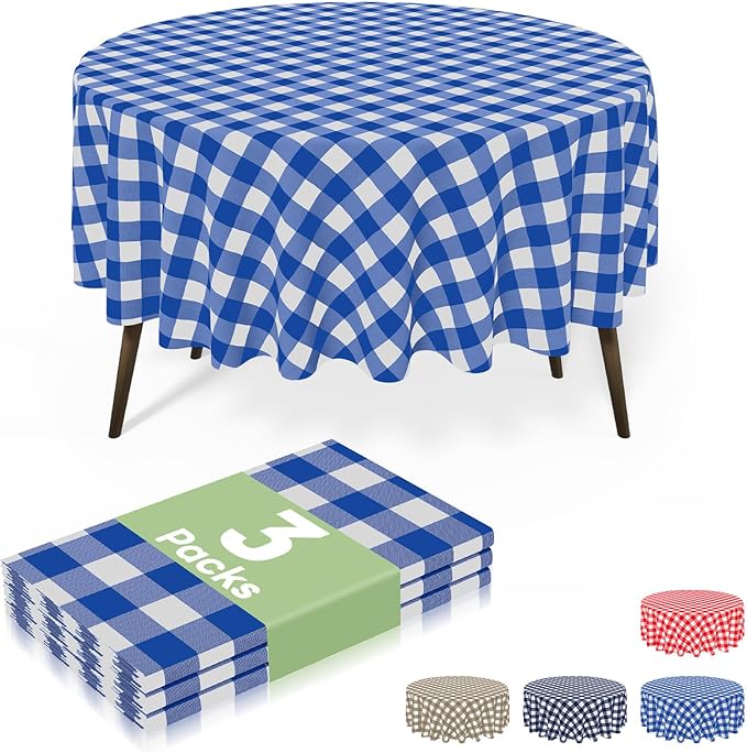 misaya 3 Packs Buffalo Disposable Table Cloth, 84" Round Waterproof Plastic Tablecloth, Blue and White Checkered Table Covers for Picnic, Birthday, Party