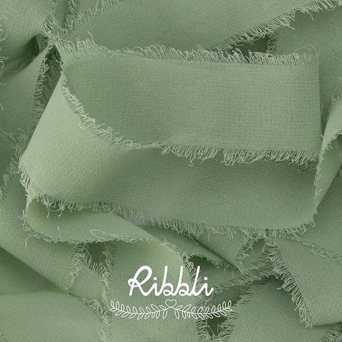 Ribbli Sage Green Ribbon 1 Inch x 3 Rolls Total 24 Yards Green Handmade Fringe Chiffon Silk Ribbon for Wrapping Wedding Invitations Bridal Bouquets DIY Crafts Home Decor
