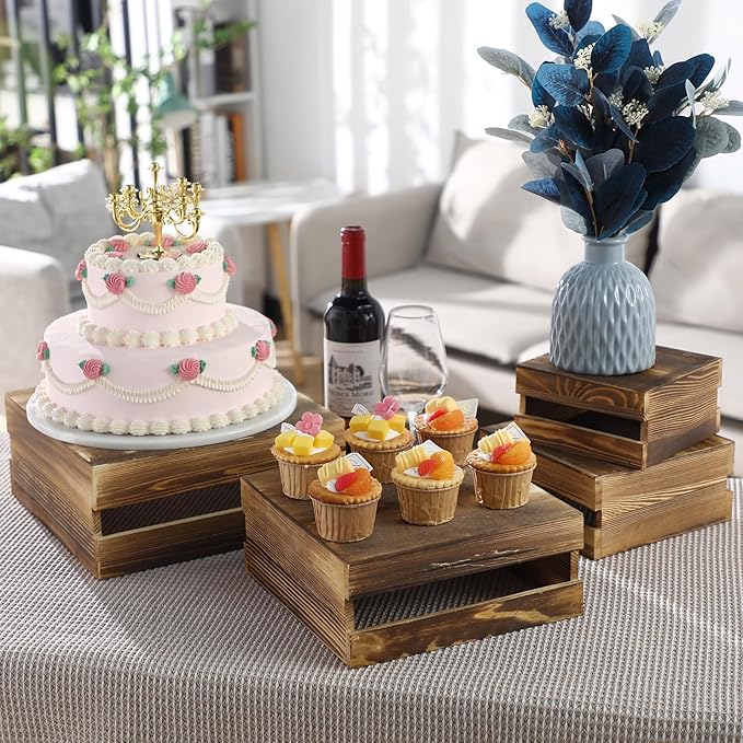 Sieral 4 Pieces Wood Cupcake Display Stand Decorative Dessert Appetizer Cake Stand Risers Wooden Crate Rustic Cake Risers for Storage for Party Christmas Halloween Wedding Decor(Rustic Dark Brown)
