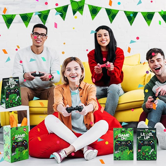 Geosar 30 Pack Video Game Party Favor Paper Bags Game on Goodie Candy Gift Bags with 30 Stickers Level up Reusable Goodie Treat Snacks Supplies for Boys Kids Gaming Birthday Party(Green)