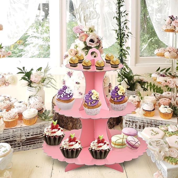 Soleebee 3-Tier Cupcake Stand, Cardboard Cupcake Tower, Dessert Cup Cake Stand Tower for Birthday Wedding Party Decoration, Cupcake Tier Stand 2 Set (Pink)