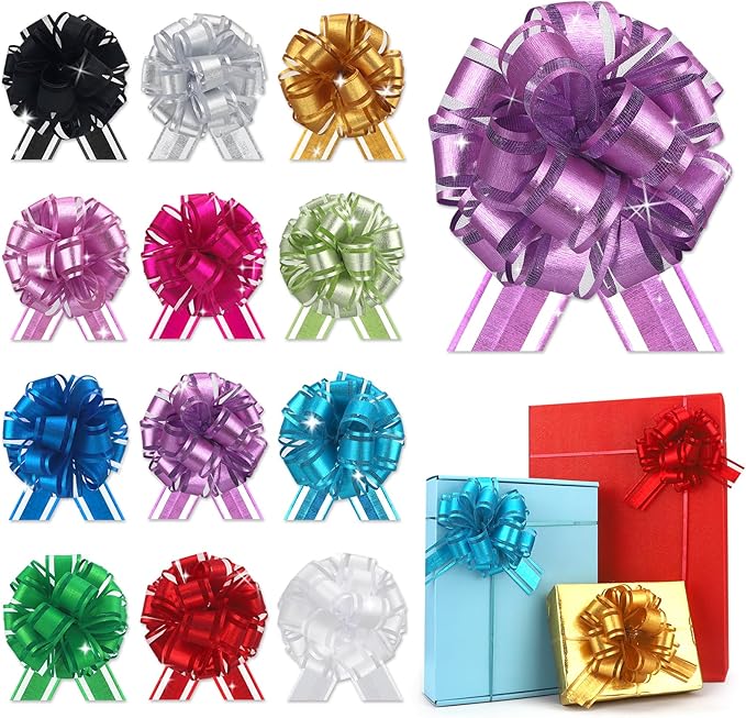 12 pcs Gift Bow Ribbon Shiny Pull Bows for Gift Baskets Warpping Christmas Party Bright Mix Colors Organza Warp Bows Boxes Flower Decorations Valentine's Day(12Pcs-Mix Colors-G)