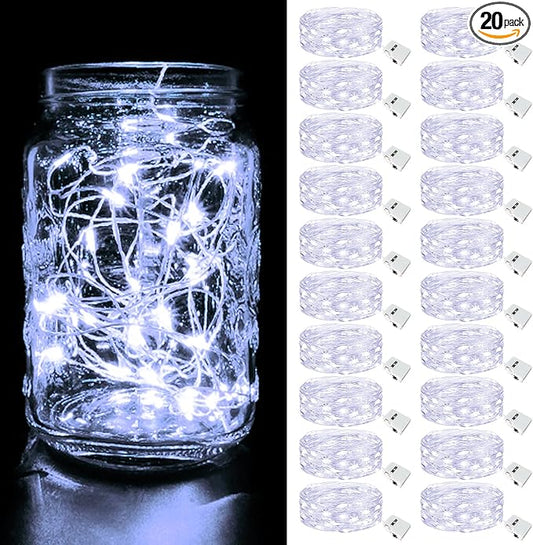 btfarm 20 Pack Fairy Lights Battery Operated, 3 Modes 7ft 20 Led Twinkle Lights, Mini Bulk String Lights Waterproof Silver Wire for Mason Jars Christmas Wedding Vases Centerpiece Decor, Cool White
