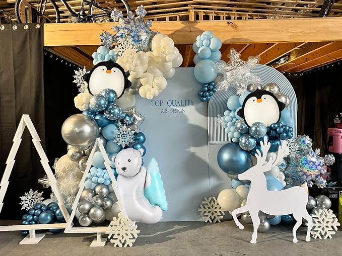 Winter Wonderland Balloon Arch Kit, 159pcs Silver Blue White Latex Balloons with Polar Bear/Penguin/Snowflake Foil Balloons for Is Cold Outside Baby Shower, Birthday, Winter Party Decorations