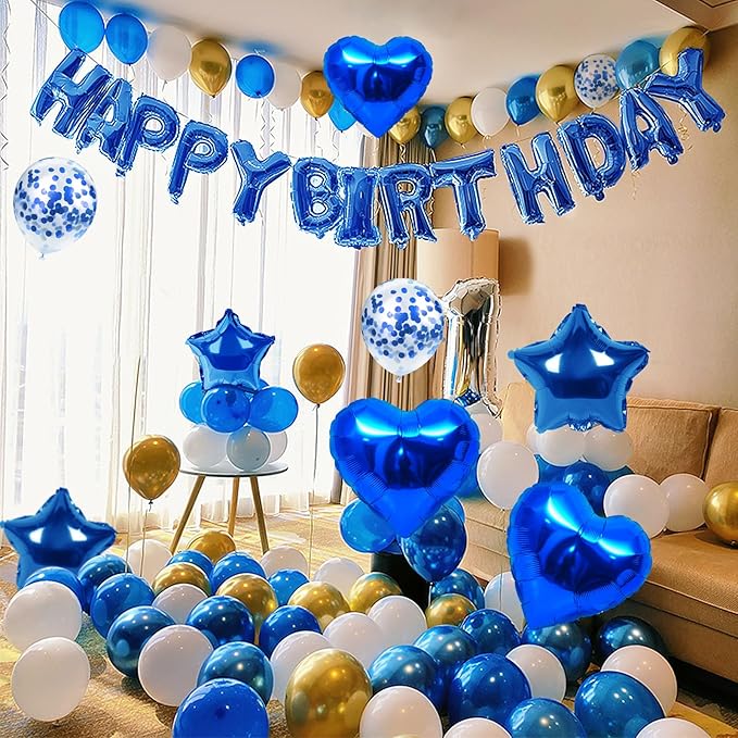 CANREVEL Happy Birthday Balloons Banner 16 Inch Mylar Foil Letters with Star & Heart Balloons Birthday Party Decorations for Men and Women - 30 Pcs Blue
