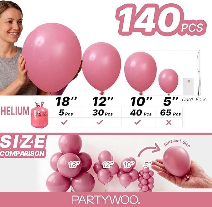 PartyWoo Mauve Balloons 140pcs Different Sizes of 18 12 10 5 Inch Dusty Pink Rose Blush Boho Netural Balloon Arch Kit Garland for Baby Shower Wedding Engagement Birthday Party Decorations Pink-F02