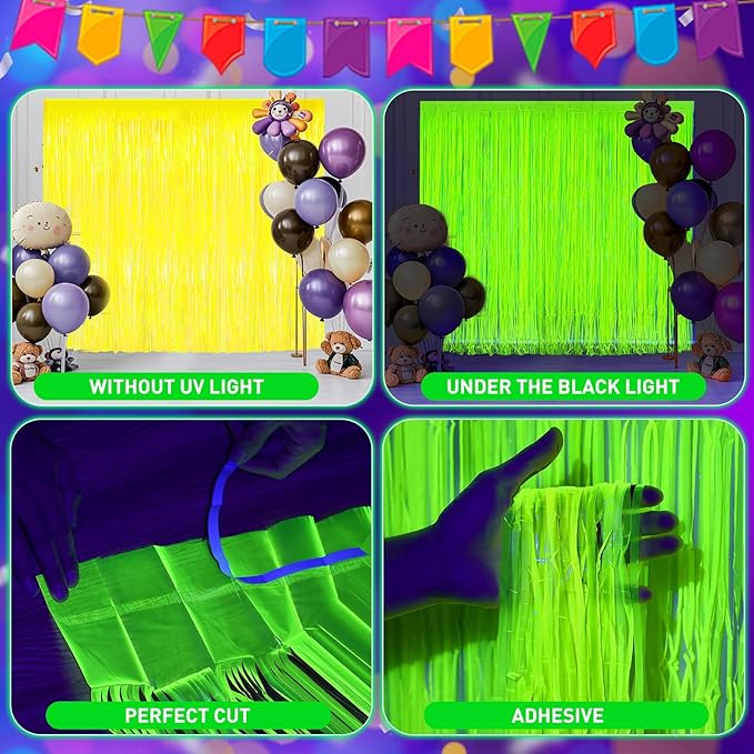 2 Pack Glow in The Dark Party Curtains, Neon Party Decorations 6.6 x 6.6 ft Fluorescent Macaron Yellow Tinsel Foil Fringe Curtains, Photo Booth Prop Backdrop Streamers, Birthday Halloween Party Decor