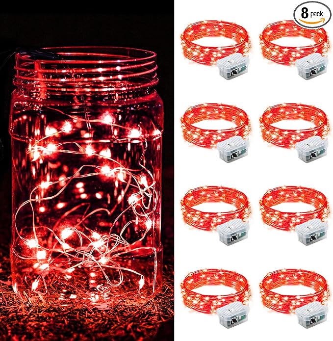 ZGWJ 8 Pack Fairy Lights Battery Operated, 7FT 20LED Mini Fairy String Lights Silver Wire 3 Modes for DIY, Parties, Wedding, Bedroom, Halloween Christmas Decoration- Red