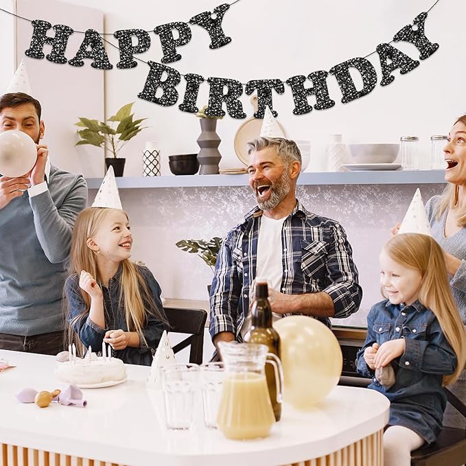 Black Happy Birthday Banner Birthday Party Decorations Happy Birthday Banner Bunting Garland Sign for Kids Boys Girls Adults Birthday Baby Shower Celebration Party Backdrops Supplies